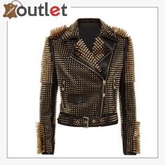 Black Leather Golden Spike Studded Punk Style Biker Jacket Spiked Leather Jacket, Philip Plein, Punk Jacket, Studs And Spikes, Leather Jacket Women, Studded Leather Jacket, Studded Jacket, Punk Outfits, Genuine Leather Jackets