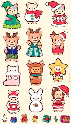 various cartoon animals with christmas hats and costumes