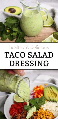 taco salad dressing being poured into a bowl with avocado and cilantro