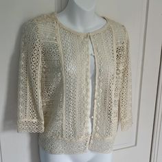 Exquisite White Lace Cardigan With Concealed Buttons 100% Cotton Nwt Maje Size 2 Equals Us Size M Pit To Pit Approx 18” Length From Shoulder To Hem 21” Sleeve Length 16 1/2” New To Poshmark? Please Use My Referral Code: Abigailnyc For $10 Off On Your First Purchase. Thank You! And Happy Poshing! Chic Fitted Lace Cardigan, Chic Lace Cardigan, Fitted Crochet Lace Cardigan For Spring, Elegant White Open Knit Cardigan, Elegant Cream Open Knit Cardigan, Elegant Fitted Open Knit Cardigan, Chic Lace Trim Cardigan For Spring, Vintage Open Knit Cardigan For Spring, Elegant Spring Open Knit Outerwear