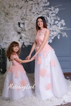 Matching mother daughter wedding fit and flare dresses in | Etsy Maternity Ball Gowns, Mommy Daughter Dresses, Mom Daughter Matching Dresses, Mommy And Me Dress, Mother Daughter Wedding, Bday Dress, Dress For Photoshoot, Peach Lace Dress, Mom And Baby Outfits