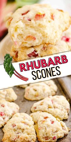 rhubarb scones are stacked on top of each other