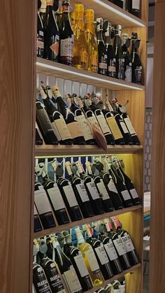 bottles of wine are lined up on shelves