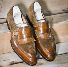 Stylish Handmade Brown Leather Suede shoes, Men's Monk Strap Fringe Formal Designer Shoes sold by The Leather Souq on Storenvy Fringe Shoes, Quality Leather Boots, Brown Fringe, Custom Design Shoes, Le Male, Brown Oxfords, Monk Strap Shoes, Classic Shoes, Monk Strap