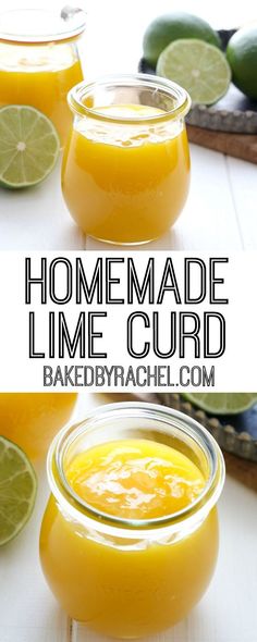 homemade lime curd in small glass jars with limes around the edges and text overlay that reads homemade lime curd