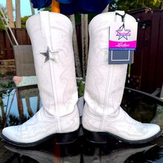 White Leather Luccese Cowgirl Boots!! These Are The Exact Same Boots That The Dallas Cowboy Cheerleaders Wear. Sold Out Online. Gently Used. Most Comfortable Boots I Have Ever Worn. I Purchased Two Different Sizes At The Same Time To See Which Size Fit Me Better. I Kept The Smaller Size. I Have Only Worn These Boots Two Times. White Lucchese Boots, White Leather Boots For Western-themed Events, White Turquoise Cowgirl Boots, Mid Calf Cowboy Boots, Whute Cowgirl Boots, Dallas Cowboys Boots, Barbie Cowgirl, Brown Western Boots, Western White Mid-calf Boots With Reinforced Heel