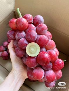 a hand holding a bunch of grapes in a box