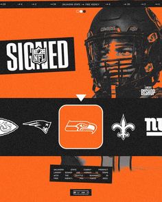 an orange and black background with the nfl logo on it's back side, featuring helmets