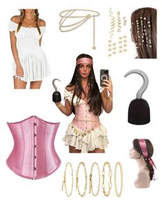 a collage of costume and accessories including a corset, waist belt, headbands, necklaces