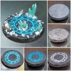 four different pictures of some kind of object with blue and white frosting on it