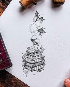 a drawing of a stack of books on top of a table next to some wine bottles