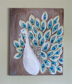 a painting of a white peacock with blue feathers