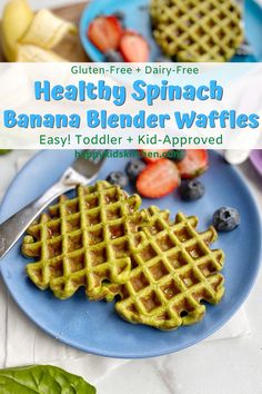 healthy spinach banana blender waffles on a blue plate