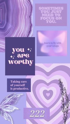 the words you are worthy on purple and lavender background with hearts, flowers, leaves