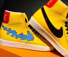 Custom painted cyberpunk themed sneakers Yellow Urban Custom Sneakers For Streetwear, Urban Style Yellow Custom Sneakers For Streetwear, Bold Leather Sneakers For Streetwear, Custom Retro Sneakers With Vulcanized Sole For Streetwear, Hand Painted High-top Leather Sneakers, Hand Painted Yellow Sneakers For Streetwear, Custom Lace-up Sneakers For Streetwear, Custom Streetwear Sneakers With Rubber Sole, Custom Low-top Skateboarding Sneakers