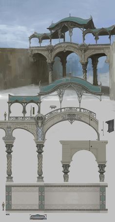 an artistic rendering of a bridge and benches