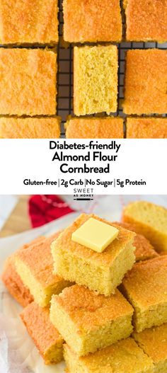 several squares of cake with butter on top and the words, diables - friendly almond flour