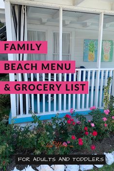 a pink sign that says family beach menu and grocery list for adults and toddlers