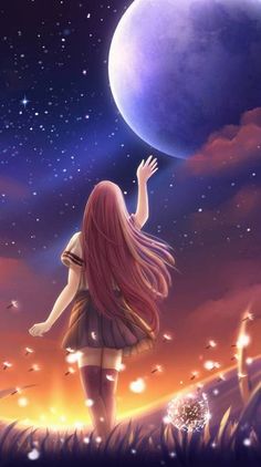 a girl with long red hair is looking up at the stars in the night sky