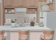 an artist's rendering of a kitchen with wooden cabinets and white countertops, three chairs are facing the sink