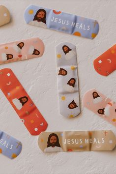 the jesus heals bookmarks are laid out on top of each other with different designs