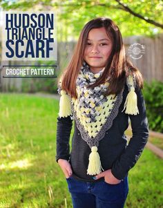 "[[ PDF PATTERN ONLY ]]  This Hudson crochet triangle scarf is made using the granny stitch. This scarf is easy to customize by decreasing or increasing the number of rows to achieve the desired size. The edge is finished with beautiful shell stitches and tassels are added for a cute addition to the scarf! The pattern is in a tri-fold format, perfect for folding up and taking it to-go! SAVE on 2 or more pattern purchases at checkout using codes: $2 off 2 Patterns: 2BUNDLE $3 off 3 or more Patterns: 3BUNDLE [[ DIGITAL DOWNLOAD ]] You will be able to download your pattern after completion of your order and payment. Etsy will email a link to you when your order is complete. If you don't receive that email, you will still be able to download via your \"purchases\" page in your Etsy account. Sa Triangle Scarf Crochet, Triangle En Crochet, Scarf Pattern Crochet, Triangle Scarf Crochet Pattern, Crochet Shirts, Crochet Triangle Scarf, Pattern Triangle, Crochet Triangle, Shell Stitch