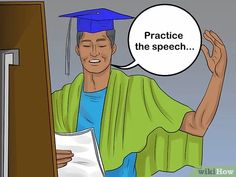 a man wearing a graduation cap and gown is reading a paper with the words practice the speech