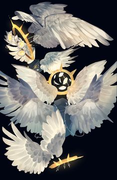 two white birds flying next to each other on a black background with gold and silver accents