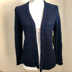 Nwt Jones New York Midnight Blue Knit Cardigan With Silver Thread Running Throughout. Petite Collection. Comes With Bag Of Spare Thread. Beautiful Over A Camisole Or White Button Down And Jeans. Elegant Blue Knit Cardigan, White Button Down And Jeans, Button Down And Jeans, Blue Knit Cardigan, White Button Down, Jones New York, Midnight Blue, Blue And Silver, Knit Cardigan