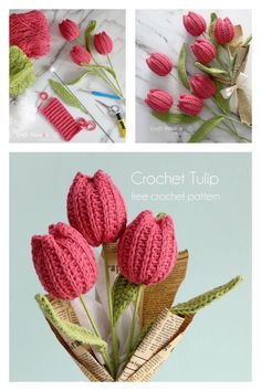 crochet tulips are shown in three different pictures