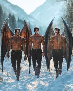 three men with large wings walking in the snow