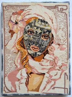 a woman with a mask on her face is depicted in this cross stitched portrait