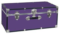 a purple trunk with chrome handles and latches on the handle is shown in front of a white background