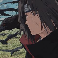 an anime character with long black hair standing in front of two crows flying over him