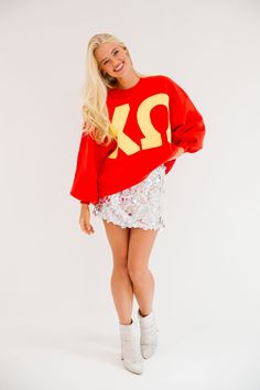 Stay cozy and stylish with our CHI OMEGA RED PULLOVER, featuring a bold red cropped design and eye-catching yellow cutout Chi Omega greek letters. Show off your sorority pride in a unique and playful way. Go ahead, be a standout! All orders are currently shipping within 14 business days. To receive item quicker, expedited shipping is available at checkout. College Mindset, Omega Red, Red Pullover, Greek Letters, Chi Omega, Go Ahead, Stay Cozy, Sorority, Dog Collar