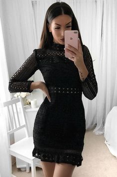 Dantel Dress, Long Sleeve High Neck Dress, Bodycon Long Sleeve Dress, Sisters The Label, Formal Lace Dress, Dress Long Sleeves, Black Party Dresses, Lace Homecoming Dresses, Lace Dress Long