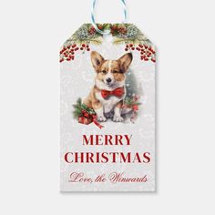 a christmas gift tag with a dog wearing a bow tie and holly wreath on it