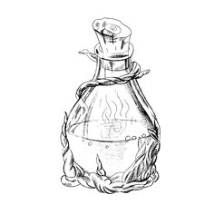 an ink drawing of a bottle filled with liquid