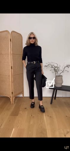 Black Chunky Oxfords Outfit, Slacks And Loafers Outfit Women, Cropped Slacks Outfit, Black Business Casual Pantsuit, Black Mocasines Outfit, Black Brogues Outfit, Black Slacks Outfit Casual, Lydia Tomlinson Outfits, Black Slacks Outfit