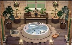 a hot tub in the middle of a room with potted plants