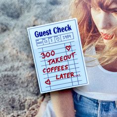 a woman holding a sign that says guest check in front of her face and the words 300 takeout coffees later written on it