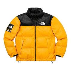 Supreme FW17 x The North Face Leather Nuptse Jacket 'Yellow' SUP-FW17-618 Yellow Puffer Jacket With Pockets For Cold Weather, Yellow Fall Puffer Jacket For Outdoor, Yellow Fall Outdoor Puffer Jacket, Yellow Hooded Puffer Jacket For Outdoor, Nuptse Jacket, Mens Casual Dress Outfits, Mens Casual Dress, Mens Casual, North Face