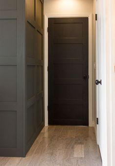 an empty hallway with two black doors and wood flooring on either side of the door