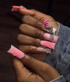 Pink Freestyle Acrylic Nails, Long Nail Sets, Pink Junk Nails, Her Nails