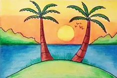 a drawing of two palm trees on an island with the sun setting in the background