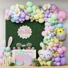 an easter themed party with balloons and decorations