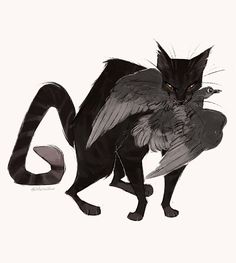 a drawing of a cat with wings on it's back and its tail curled up