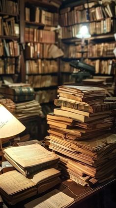 many books are stacked on top of each other near a lamp in a room full of books