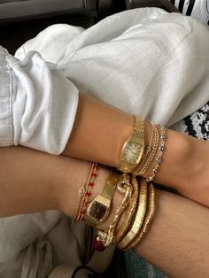 Vintage watch, gold jewelry Bracelets And Watches Layered, Wrist Stack Watch, Wrist Jewelry Stack, Gold Watch Bracelet Stack, Vintage Watch Stack, Gold Bracelet Stack With Watch, Wrist Stack Jewelry, Bracelet Stacks Gold, Gold Watch And Bracelet Stack