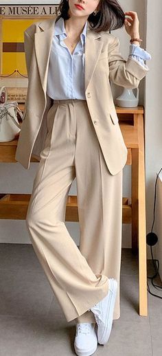 Beige Casual Two Piece Pants Set (Beautiful) Formal Skirt Outfit, March Fashion, Casual Office Fashion, Positive Wall, Grad Outfits, Fancy Stuff, Woman In Suit, Pant Suits For Women, Thrift Inspo